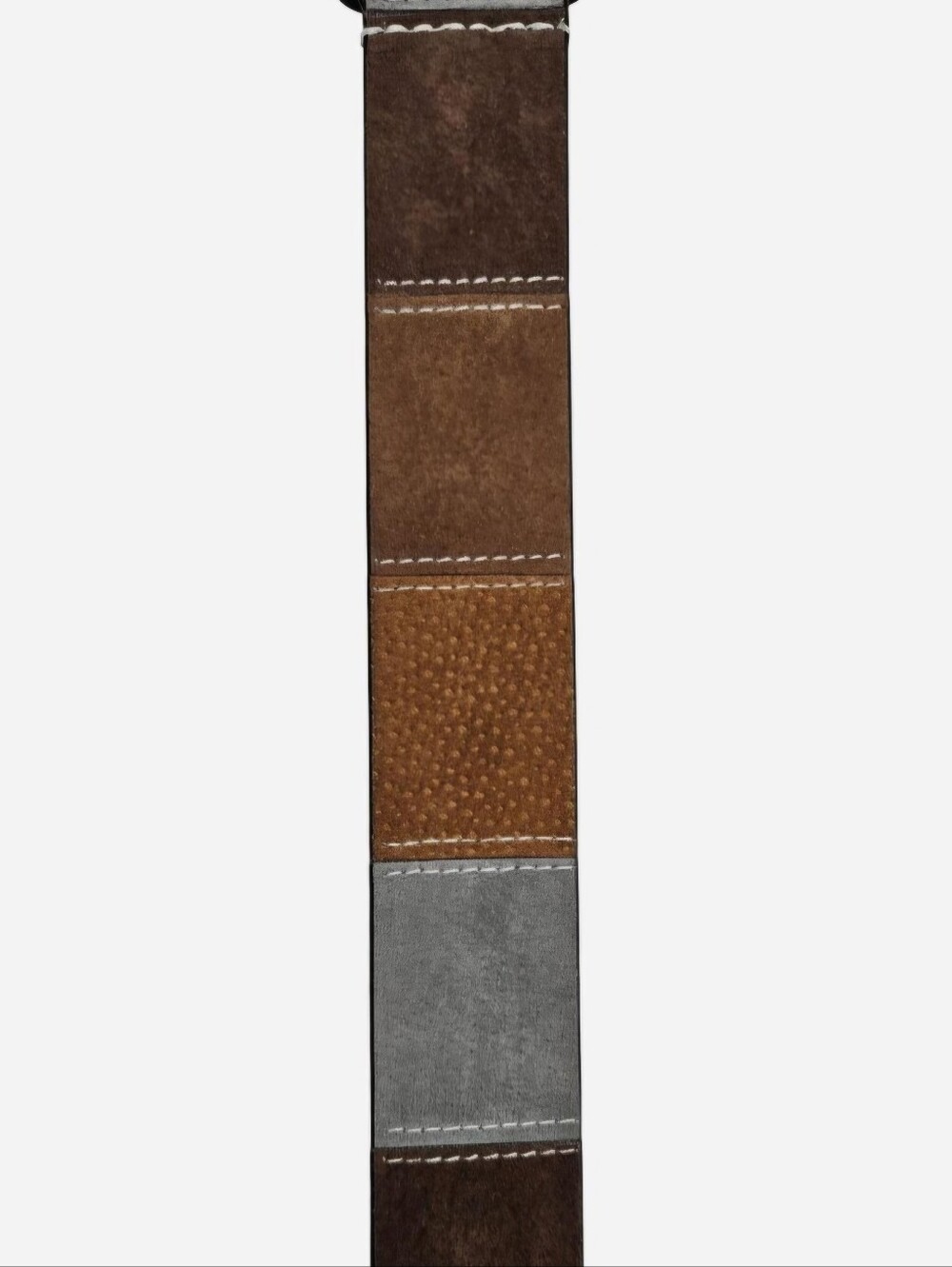 Suede leather brown & gray patchwork belt with white stitching - Picture 6 of 8